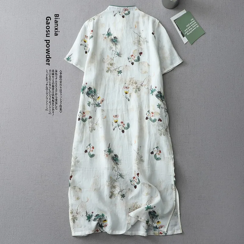 Qipao Dr de longitud media para mujer, corte en A, algodón fino, corte holgado, Hanfu Sle, estampado, abertura baja, ort Sve Summer Faion