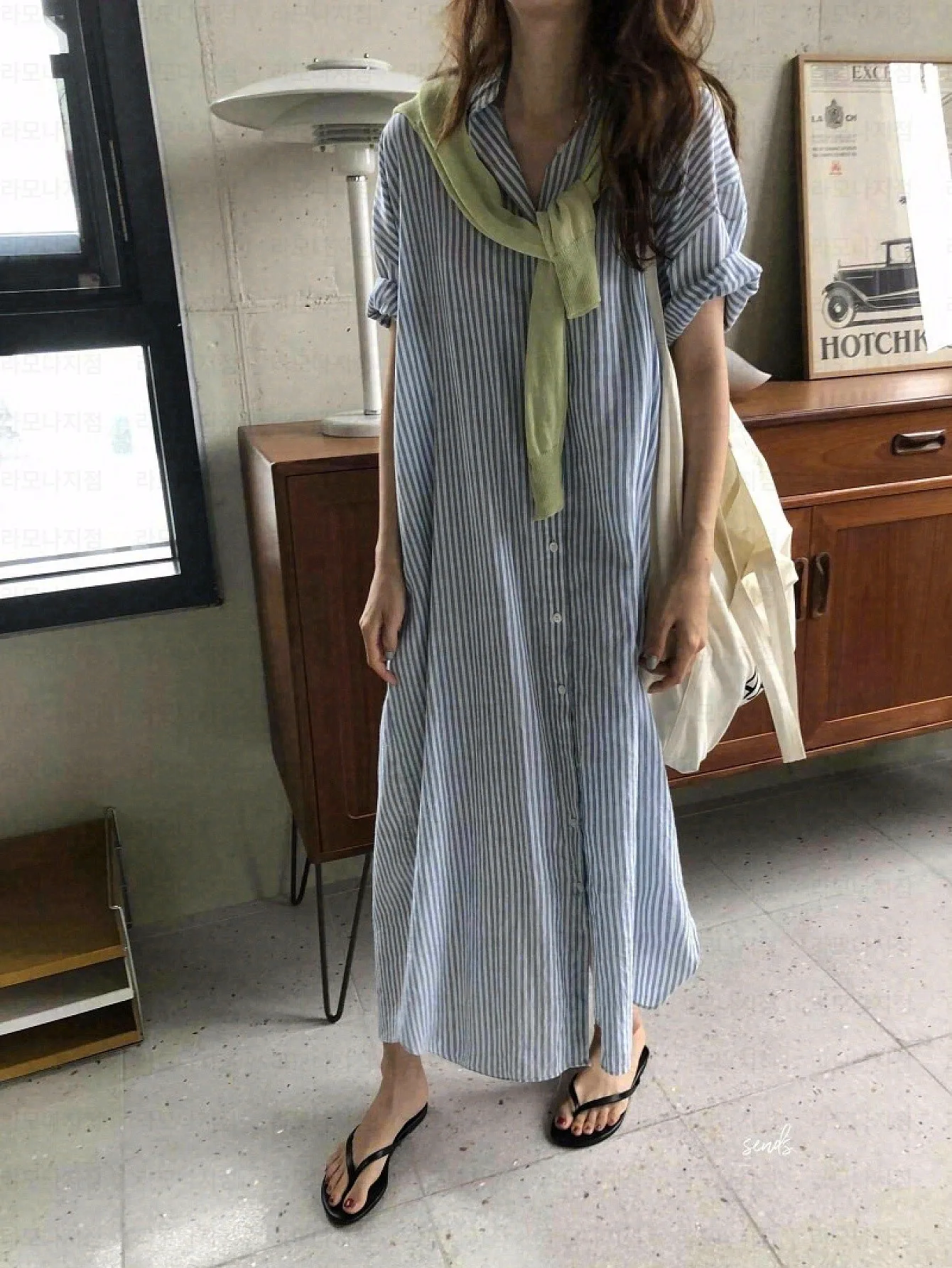 Striped Shirt Dress 100% Cotton Collar Neck Loose Fit H-Line Long 2026 Spring Summer Office Commuter Long Sleeve