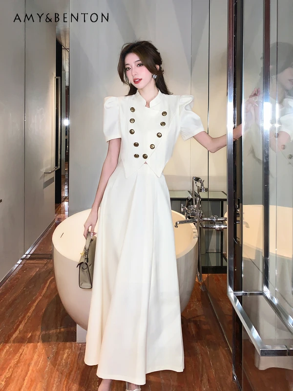 

Court Retro Irregular White Top High Waist Skirt Two Piece Sets Womens Outfits Summer New High End Elegant Socialite Skirt Sets