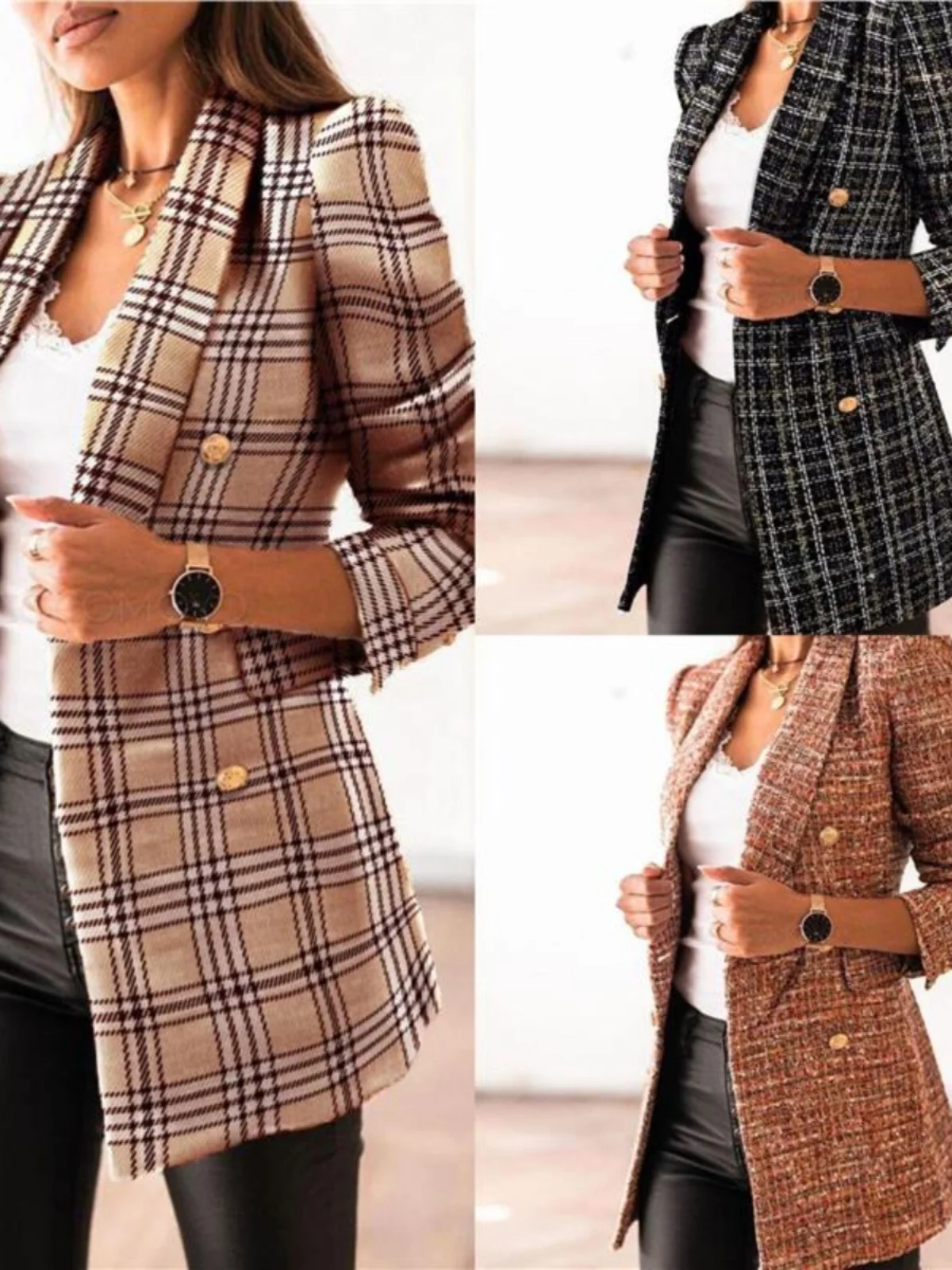 

Women's Long Sve Double Breasted Collar Jaet Faion Slim Fit Printed Polyester Busin Suit Outerwear