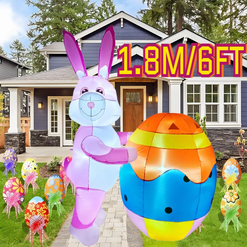 

1.8M/6FT Happy Easter Inflatable Toys Pink Rabbit and Large Egg Decorations with LED Lights Model Outdoor Decor Garden Ornaments