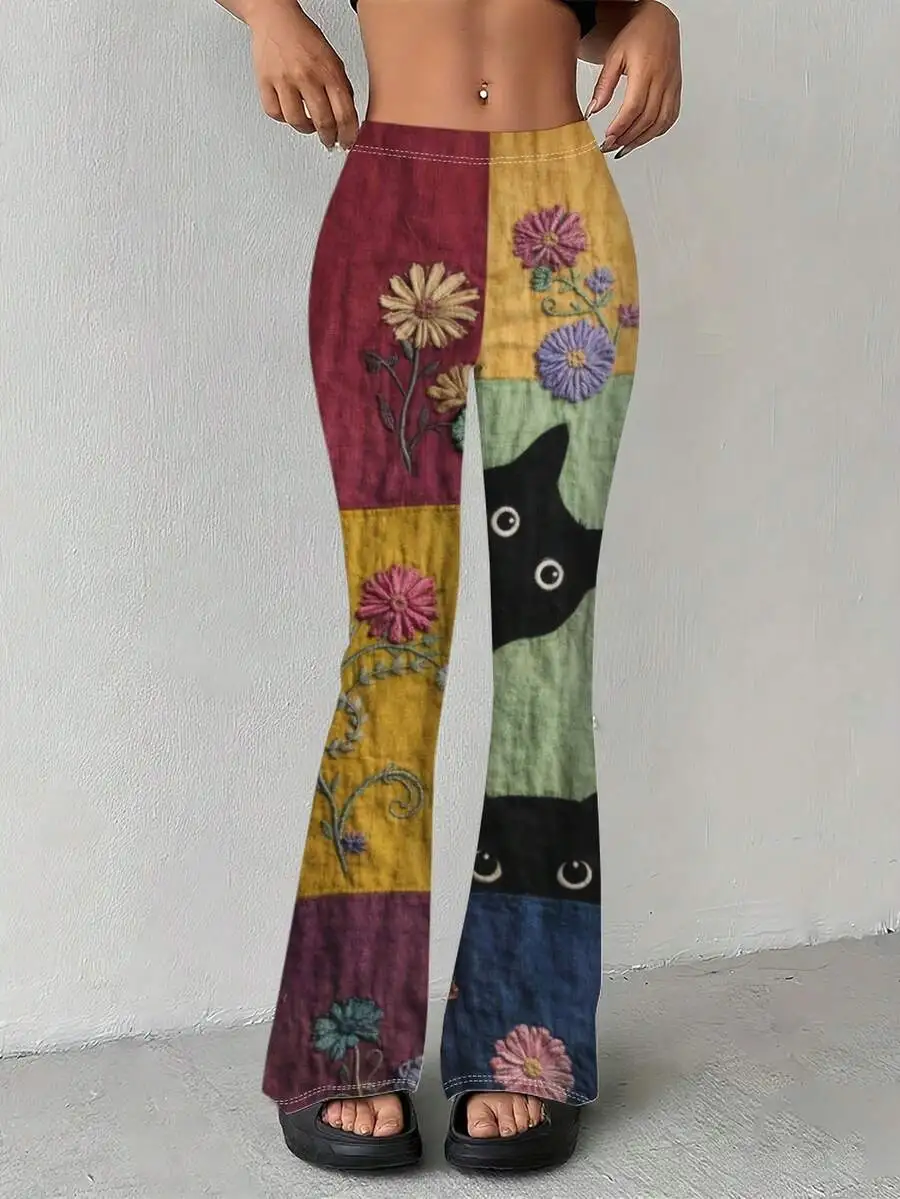

Women High-Waisted Wide-Leg Flared Pants With Floral And Cat Print Elastic Waist Casual Trousers