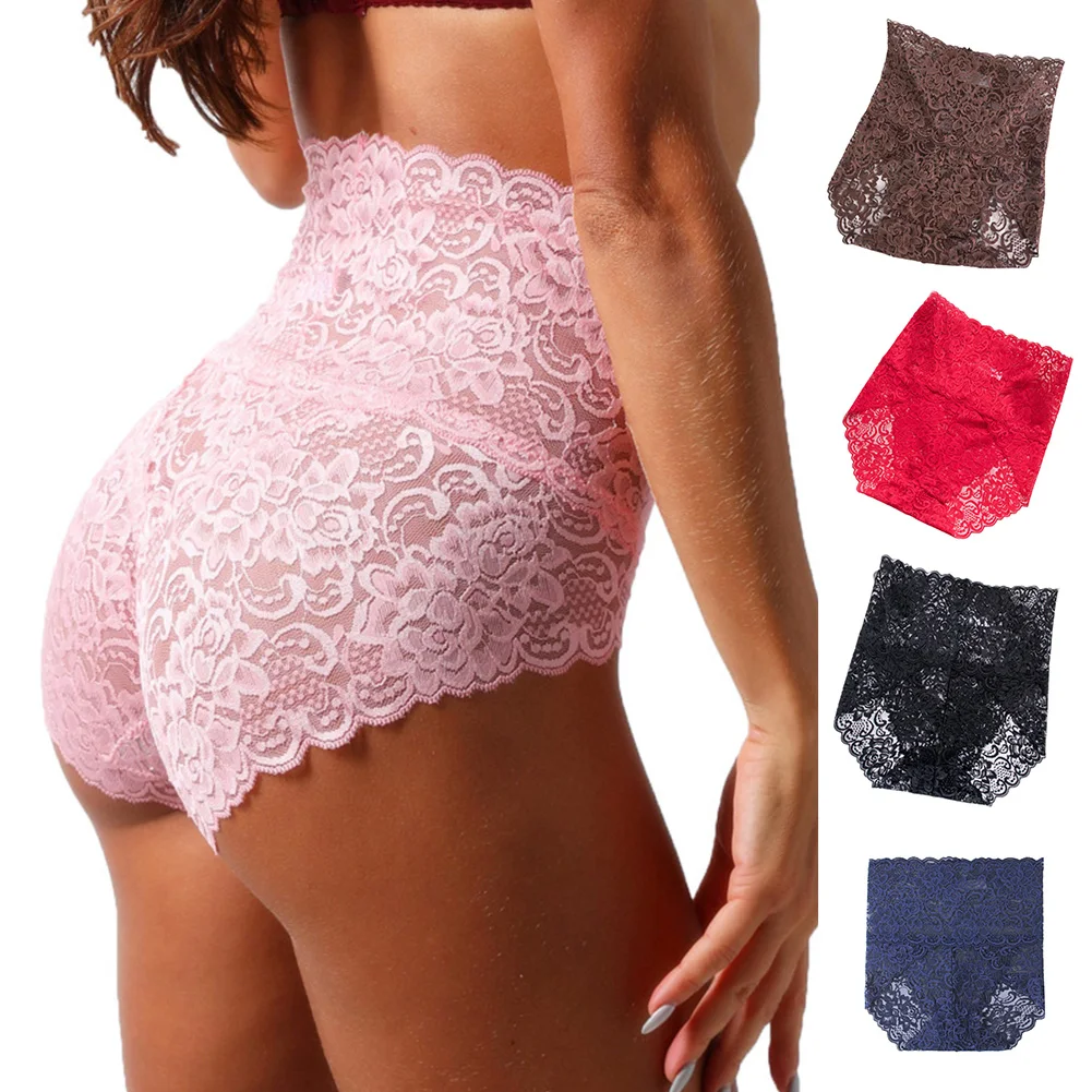 Women\'s Sexy Soft Lace High Waist Bikini Elastic Panties Ultra Thin Shorts Lingerie See Through Underwear Mesh Underpants