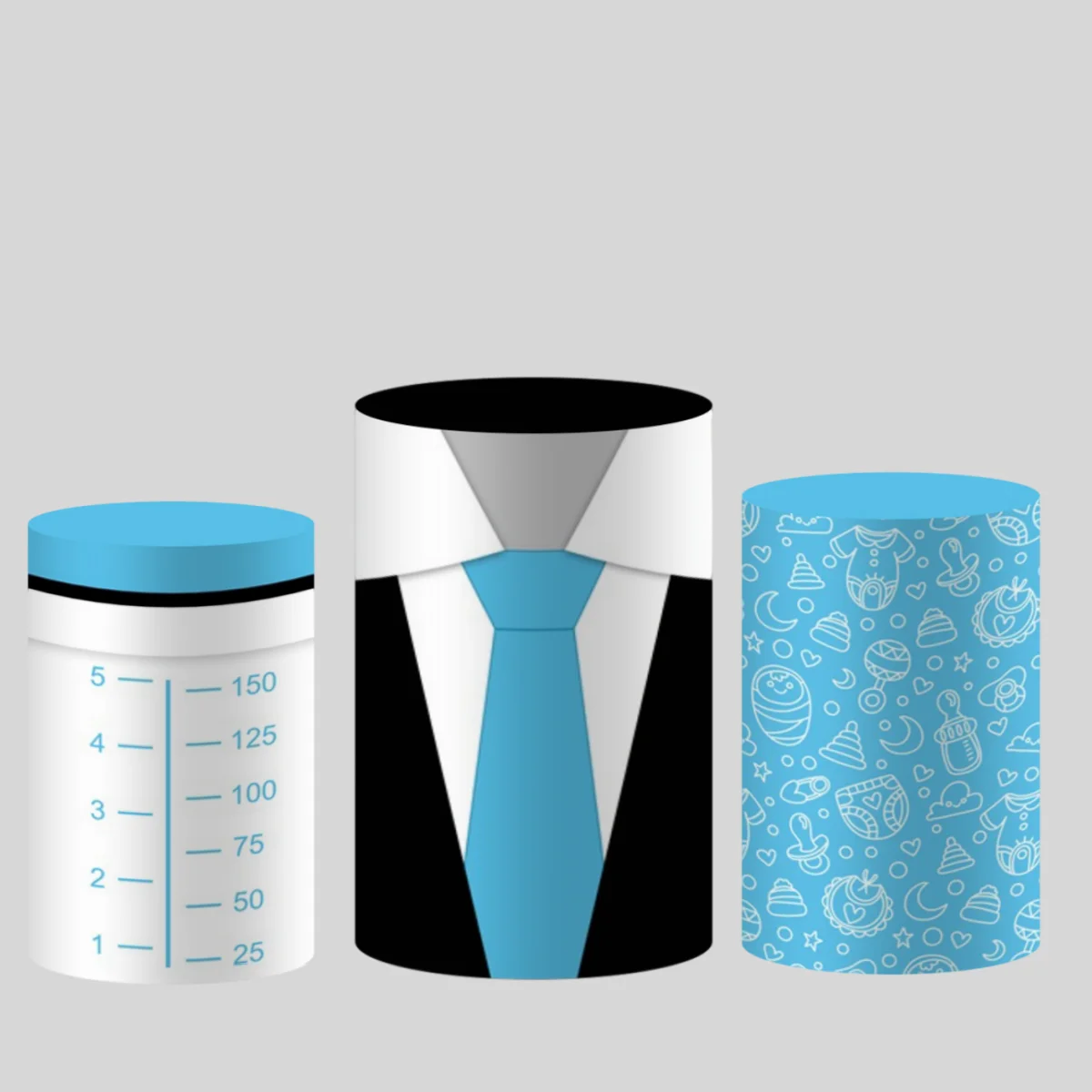 Little Gentleman Cylinder Covers Backdrop Blue Milk Bottle Suit Tie Baby Shower Boy Birthday Dessert Table Cylinder Plinth Cover