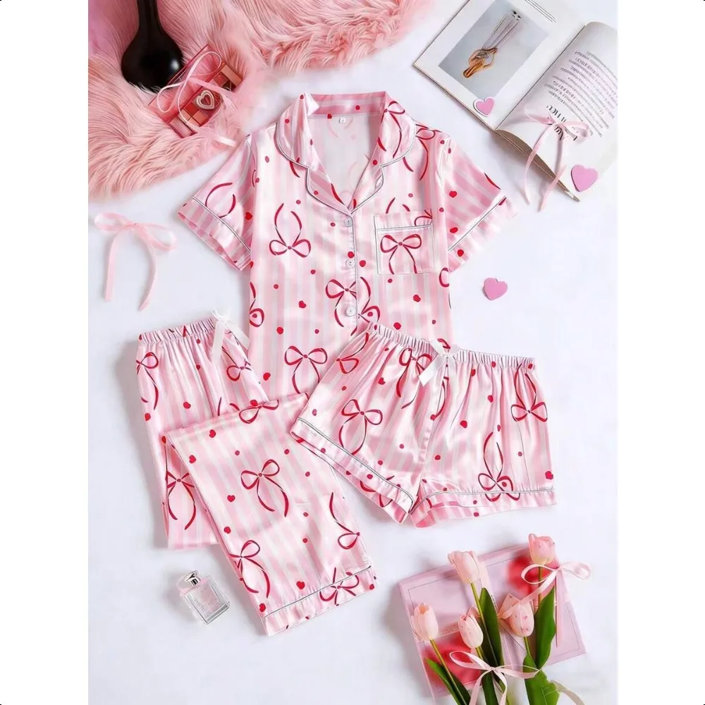 

Luxury Satin 3Pcs Pajama Set, Floral Heart Bow Stripe Print Short Sleeve Top, Shorts & Pants, Women Spring Loungewear