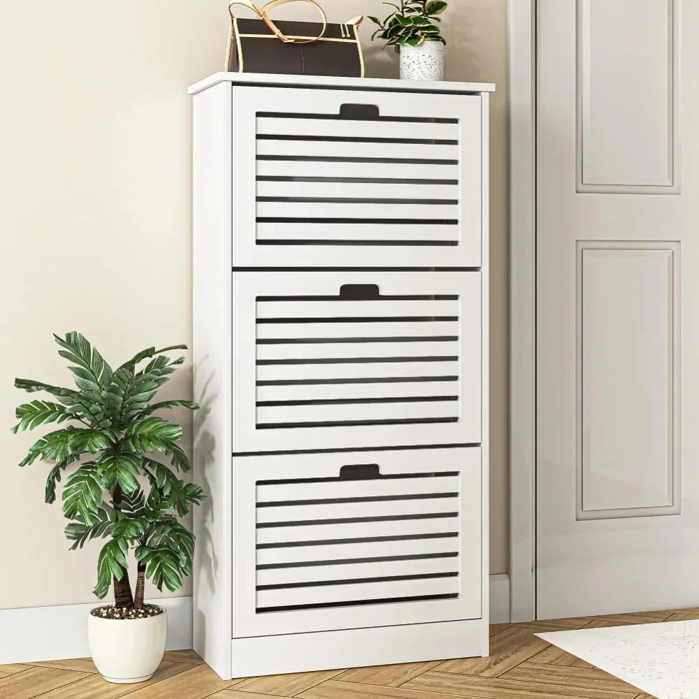 

Modern Wooden Shoe Cabinet for Entryway with 3 Flap Drawers, White