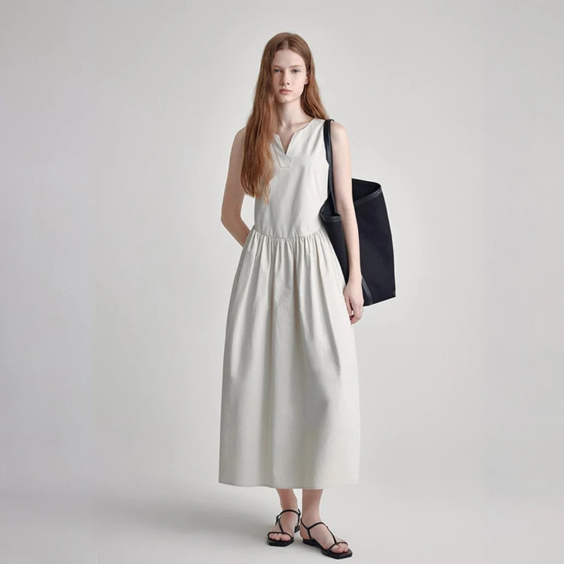 

F@no* *24ss British Style Minimalist Solid Colour Vest Dress Women Temperament V-Neck Daily Commuter Arc Waist Long Skirt Womens