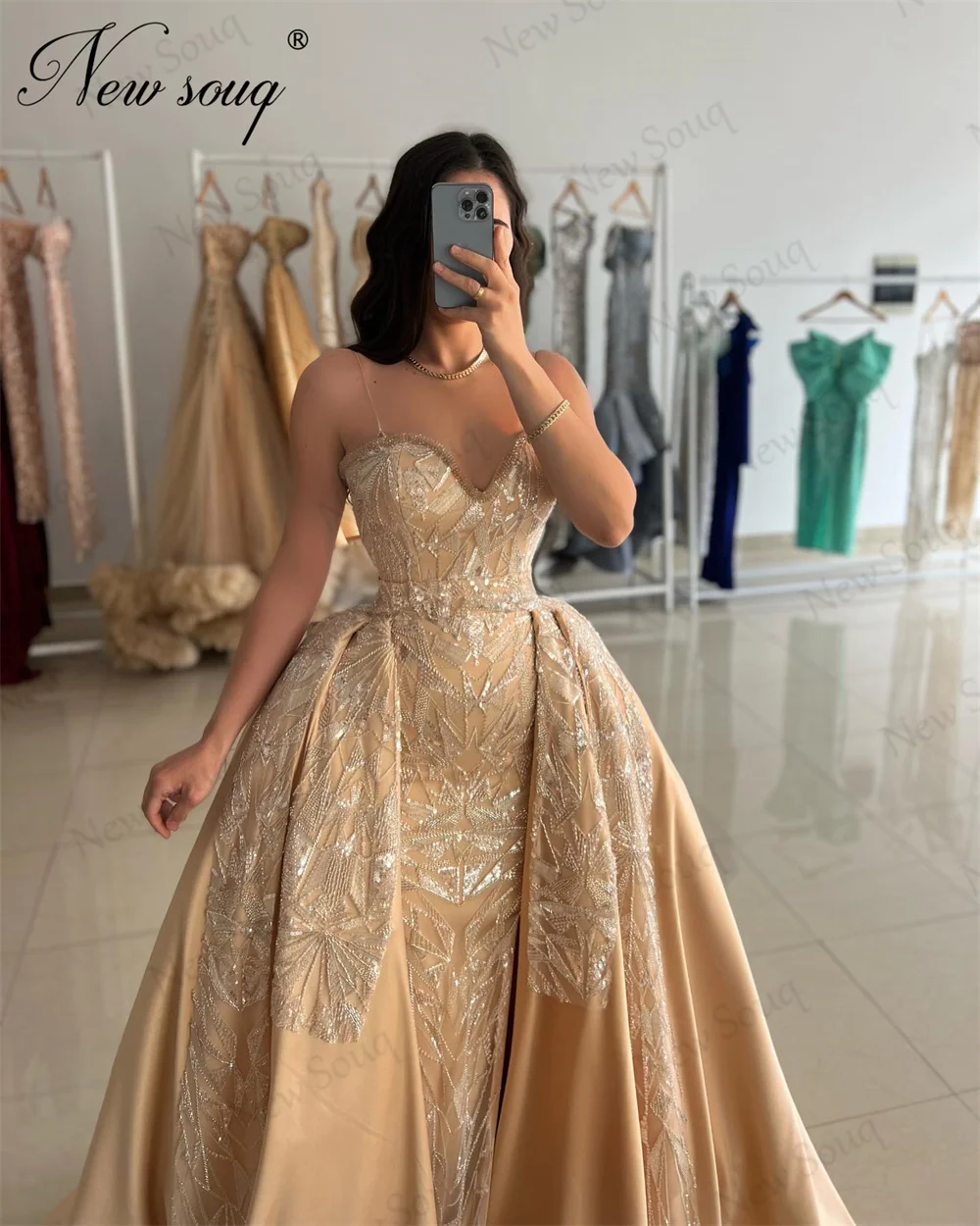 Vestido de festa champagne, Vestidos de noite com saia destacável, Lantejoulas frisadas do Oriente Médio, vestido de noivado