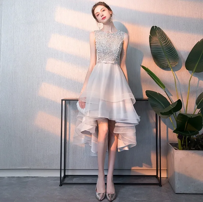 Elegant Silver Short Prom Birthday Dresses 2026 Scoop Beads Sequins Ruffles Tulle High Low Formal Birthday Party Homecoming