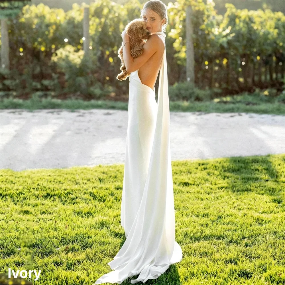 DREAM Customized Elegant Simple V-Neck Halter Mermaid Crepe Wedding Dresses For Women Boheimian Backless Sweep Train Bridal Gown