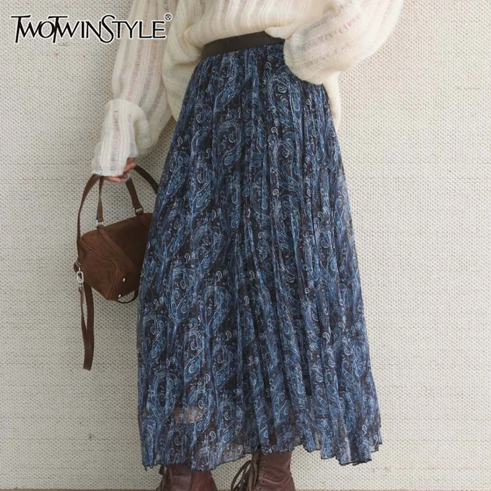 

TWOTWINSTYLE однотонная базовая юбка с принтом, женская свободная корейская винтажная женская длинная юбка с высокой талией, осенняя новая мода