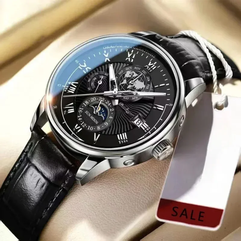 Luxury Man Watch Waterproof Chronograph Moon Phase Pattern Luminous Men\'s Wristwatch Leather Men Quartz Watches Casual Clock