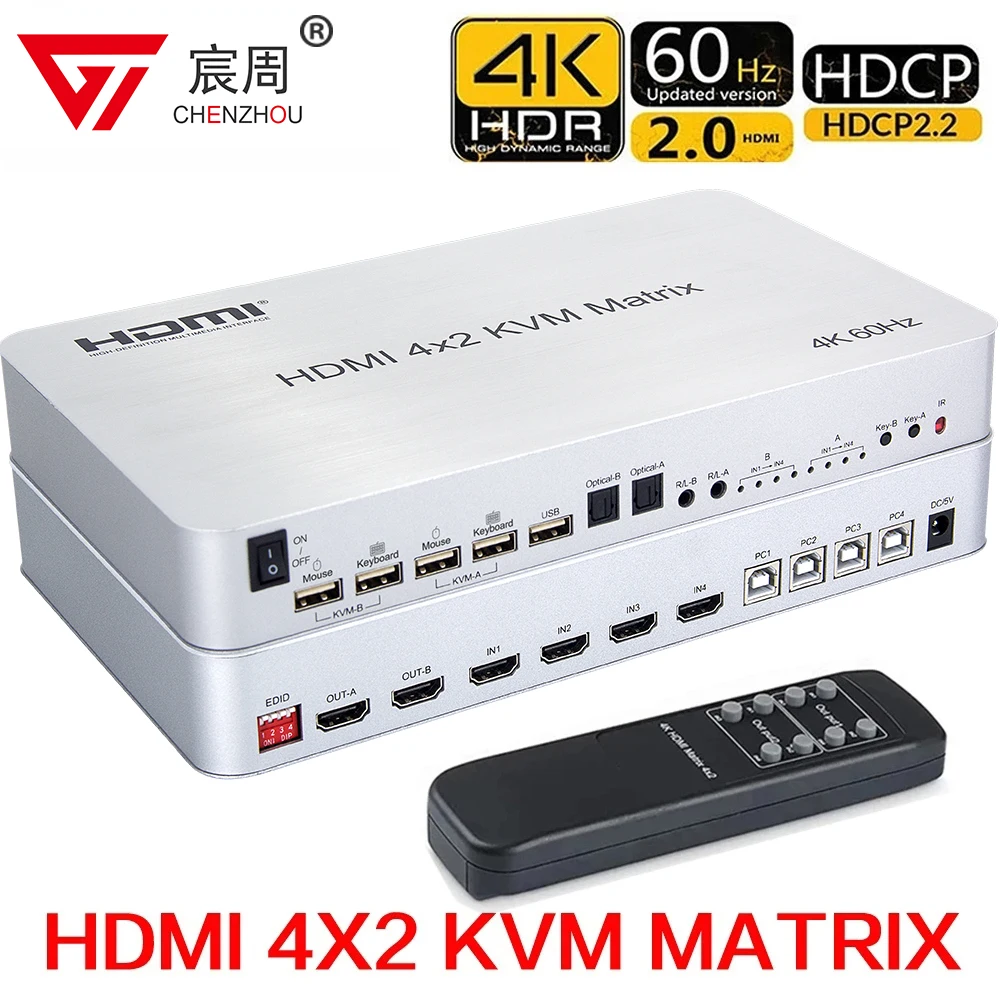 

4K 60Hz HDMI KVM Switch 4X2 Switch 4 In 2 Out 4 Port Dual Monitor Matrix Switcher HDMI USB Flash Drive Printer HDTV By Keyboard