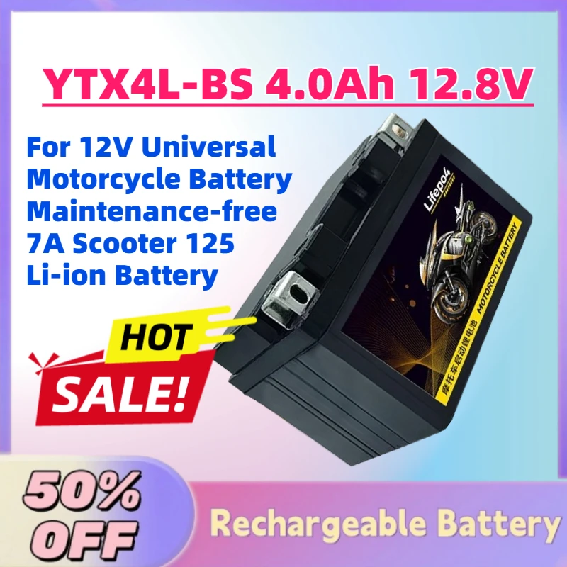 YTX4L-BS 4.0Ah 12.8V LiFePO4 Battery Packs for 12V Universal Motorcycle Battery Maintenance-free 7A Scooter 125 Li-ion Battery
