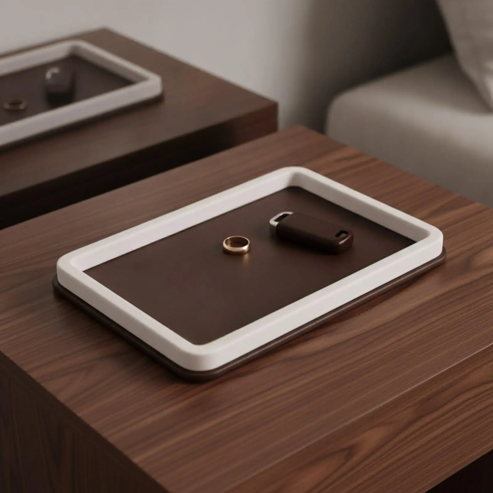 Rectangular Storage Tray with Raised Rim Space-Saving PU Leather and Wood Tray Low-Profile for Bedroom Vanity, Wardrobe Area,