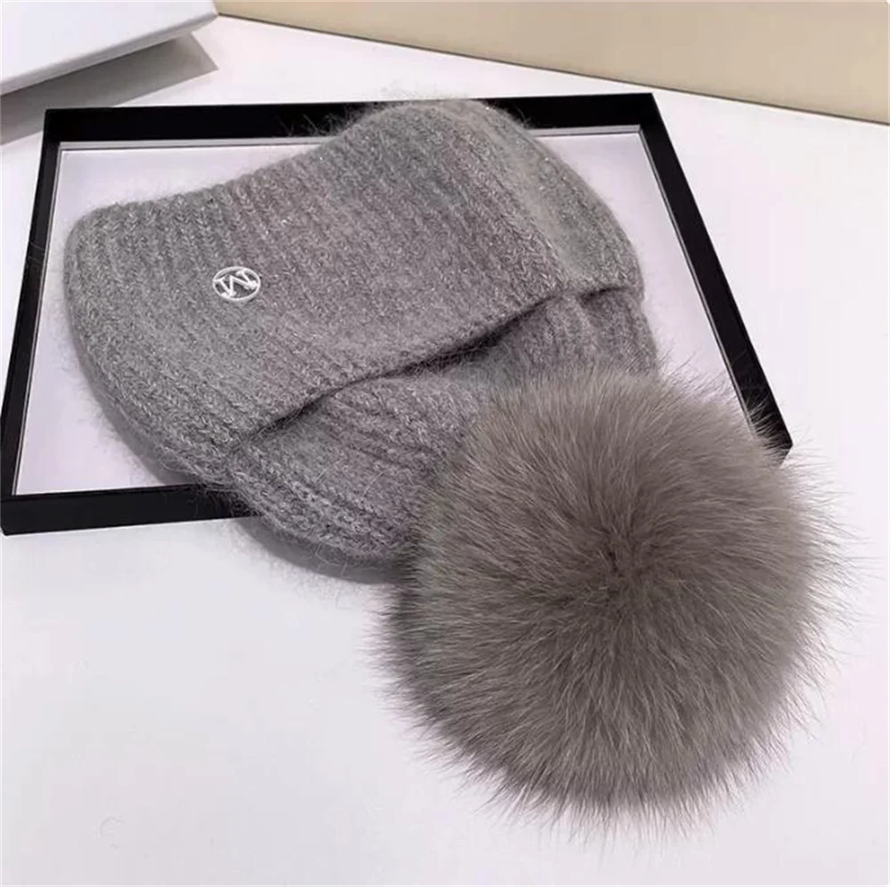 Xthree Winter Hat for Women Rabbit fur Knitted Hat Luxury Beanies Skullies Real Fur Pom Hat for Girl Gorro Female Cap