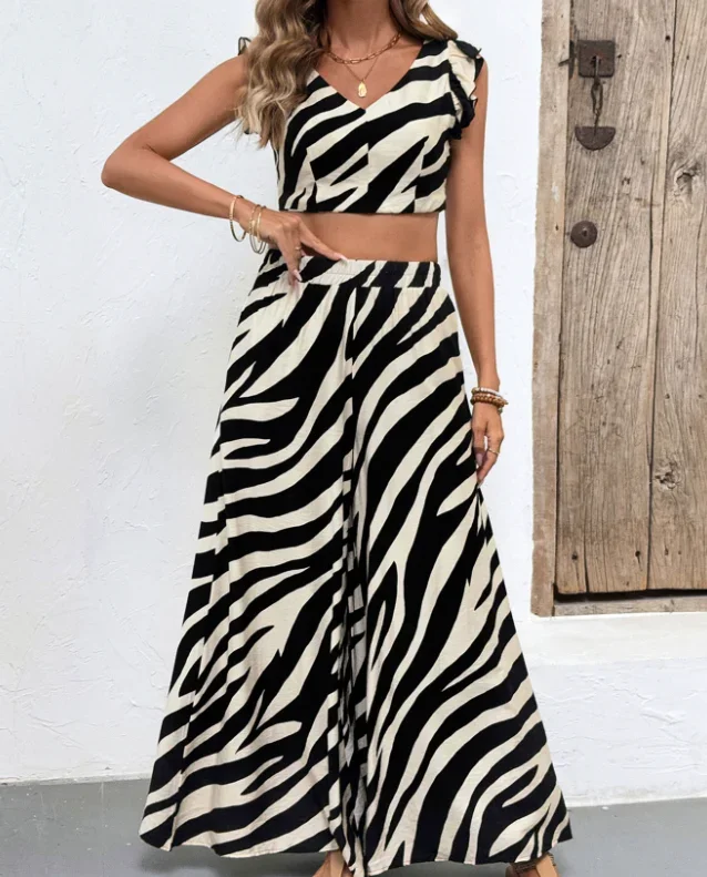 

Y2K 2 Piece Sets Woman Outfit Personalized Trendy Sexy Zebra Print V-Neck Camisole Short Top High Waist Loose Wide Leg Pants Set