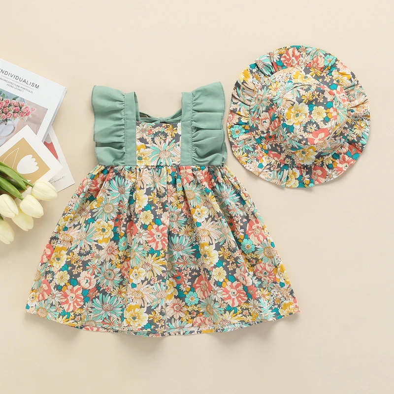 Summer Girl Baby Strap Dress Fragmented Flower Children's Sleeveless Princess Dress 0-3 Year Old Newborn Comes with Hat