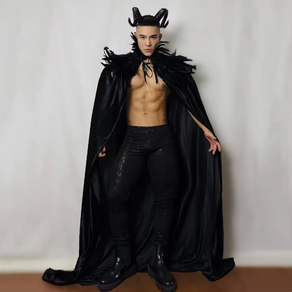 

Male Female Curse Role Playing Dance Costume for Bar Lead Halloween Black Feather Cloak Set Gogo Performance Cosplay Costume