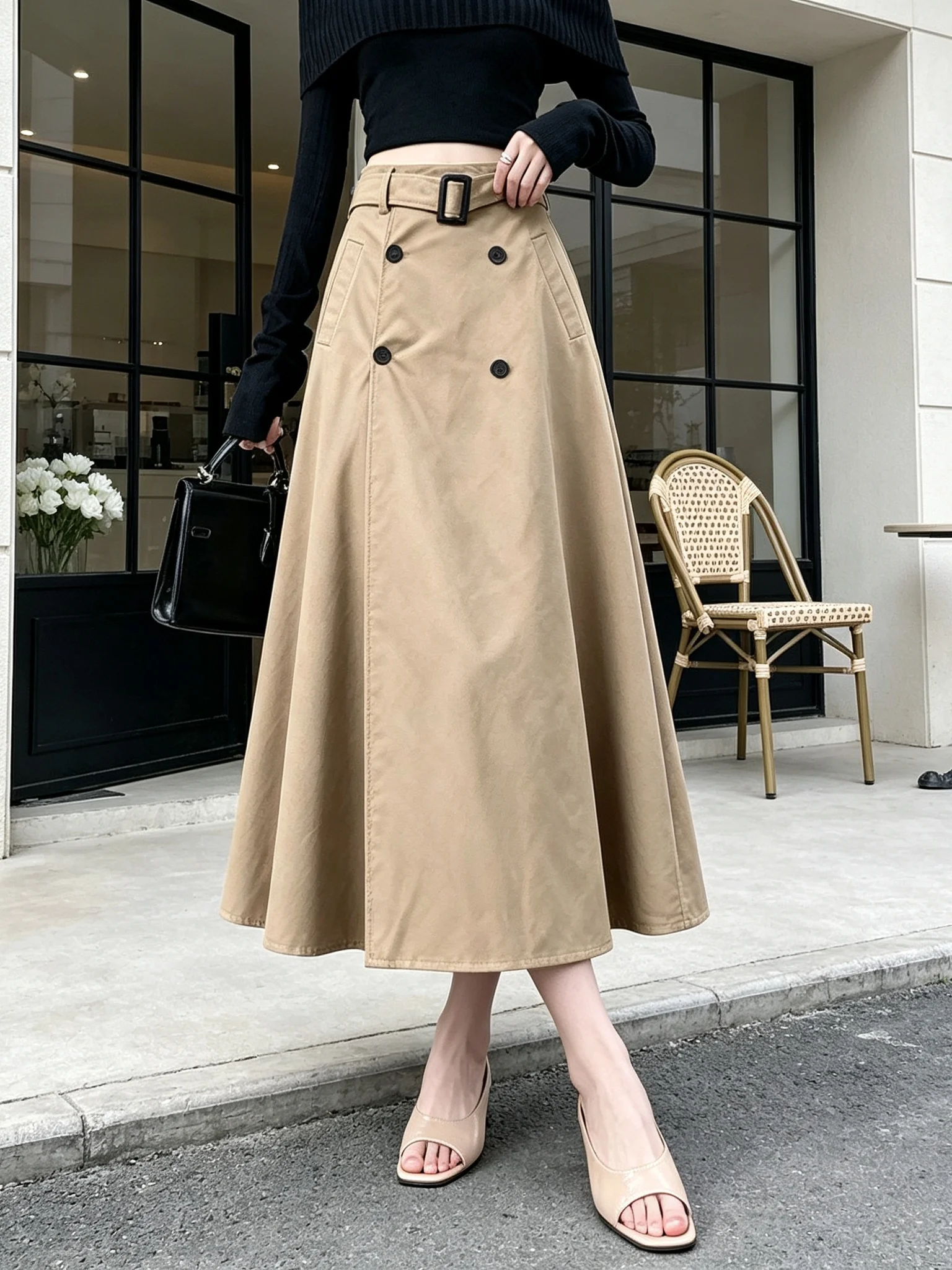Elegant High Waist A-Line Midi Skirt for Women Commute Fabric Double Breasted Belted Knee Length Polyester Fiber