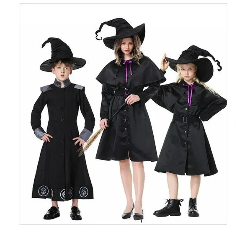 Halloween Party Cosplay Black Witch Hat with Robe Dresses Women and Girl Sorcerer Dress UP Costume Parent-Child Stage Show Dress