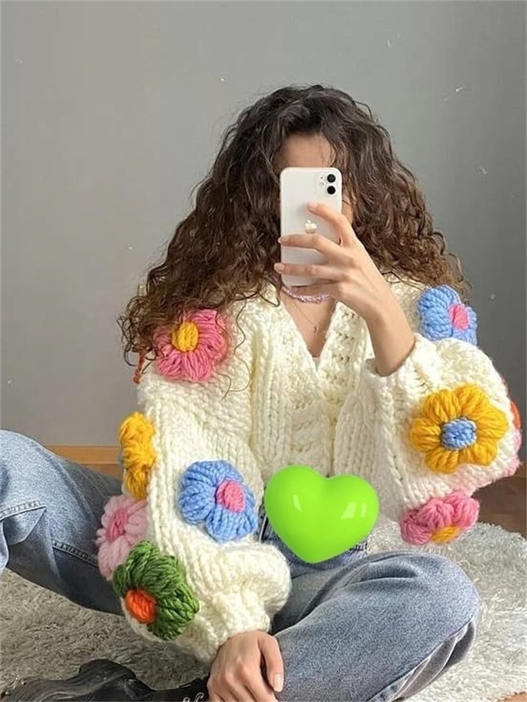 Habbris Flower Crochet Sweater Casual Outfit For Women 2023 Fall Winter Cardigan Sweater Fashion Ins Thickening For Warmth Coat