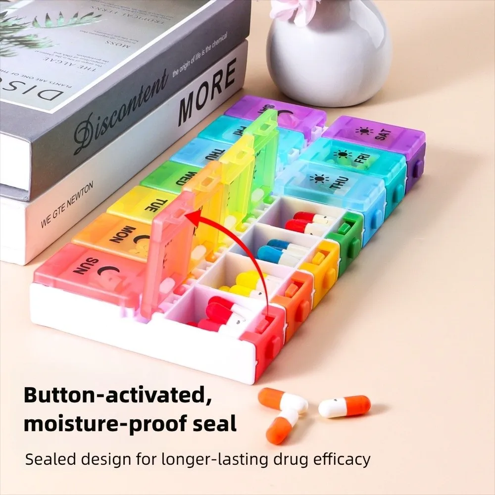 

Weekly Button-Press Lid Pill Box 7 Days Storage Travel Pill Cases Box Leak-Proof with Compartments Medicine Splitter Box