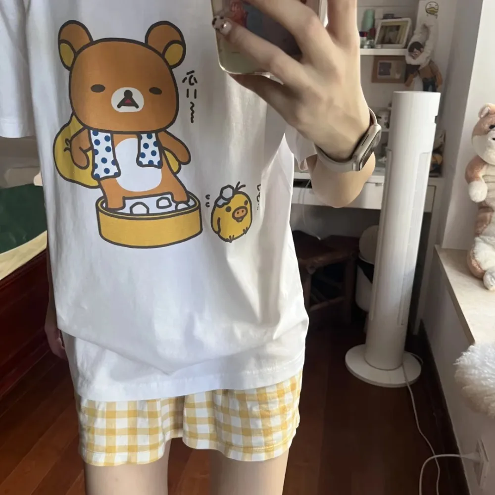 Nuevas camisetas Kawaii de algodón puro de 100%, camisetas coreanas con bonitos dibujos de oso marrón, camisetas holgadas de manga corta con cuello redondo para verano Y2k, camisetas para adolescentes y estudiantes