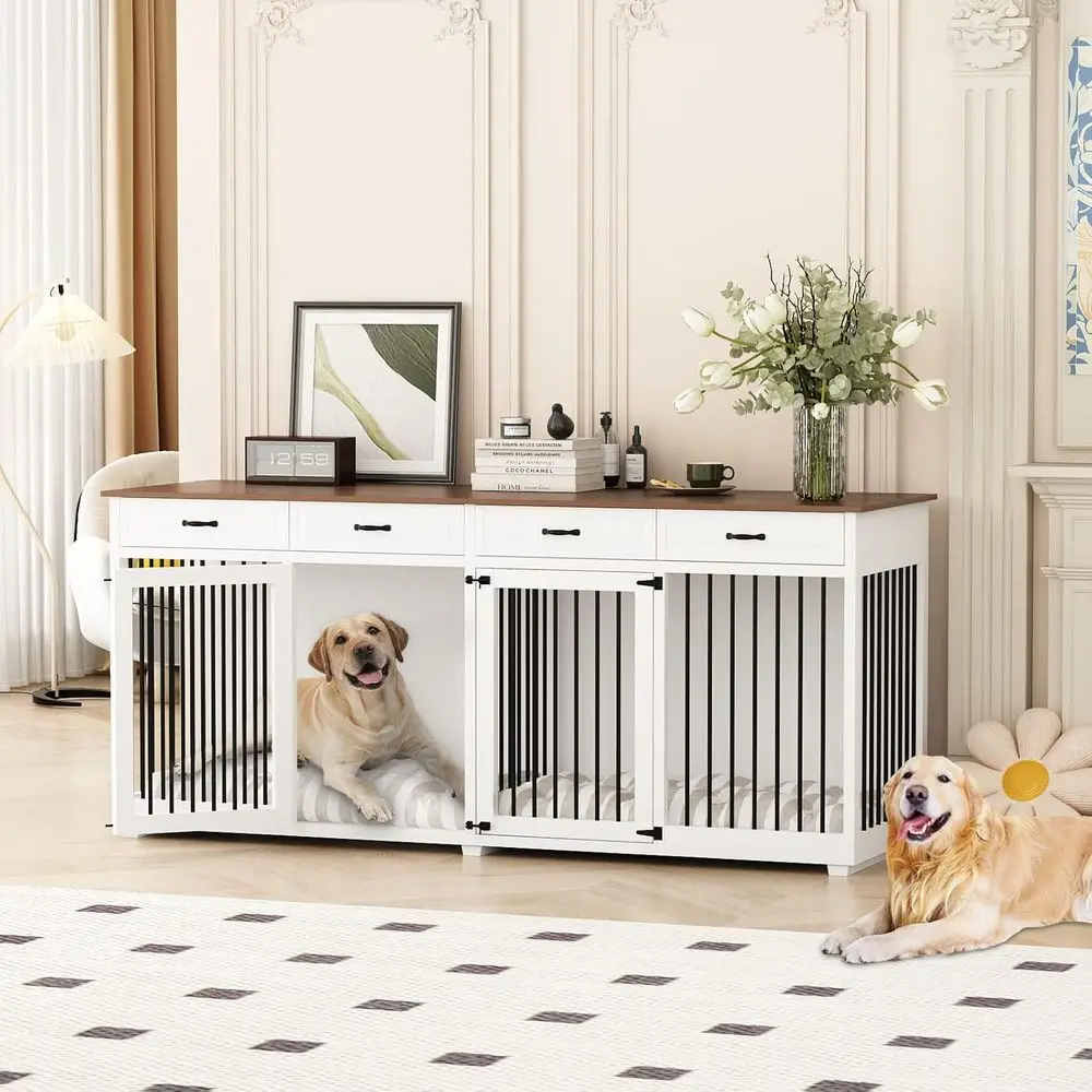 

86.6 White Heavy-Duty Wooden Dog Crate with Dividers for Large, Medium, and Small Dogs - Double-Room Indoor Dog House