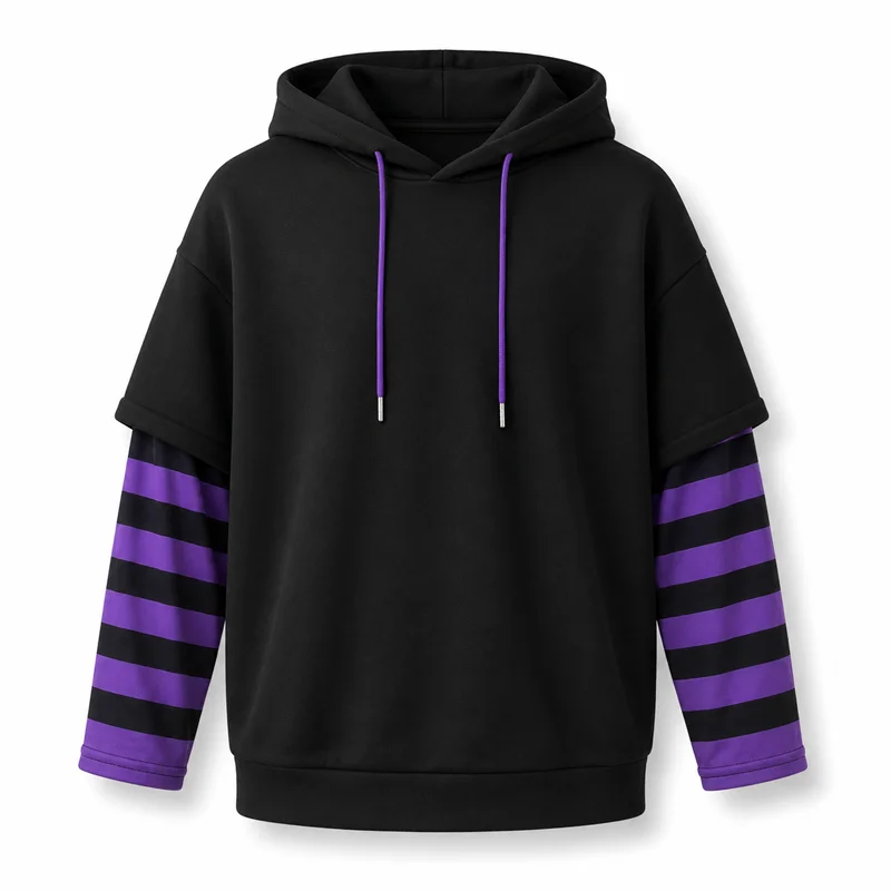 Damen-Hoodie mit schwarz-lila gestreiften Ärmeln, lässiger Pullover, langärmelig, locker geschnitten, Y2K-Streetwear-Mode-Oberteil – Detail 2
