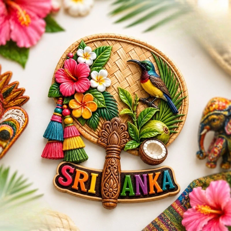 Sri Lanka Fan Hummingbird Fridge Magnet - Exotic 3D Tropical Souvenir Unique South Asian Gift for Travel & Botanical Decor