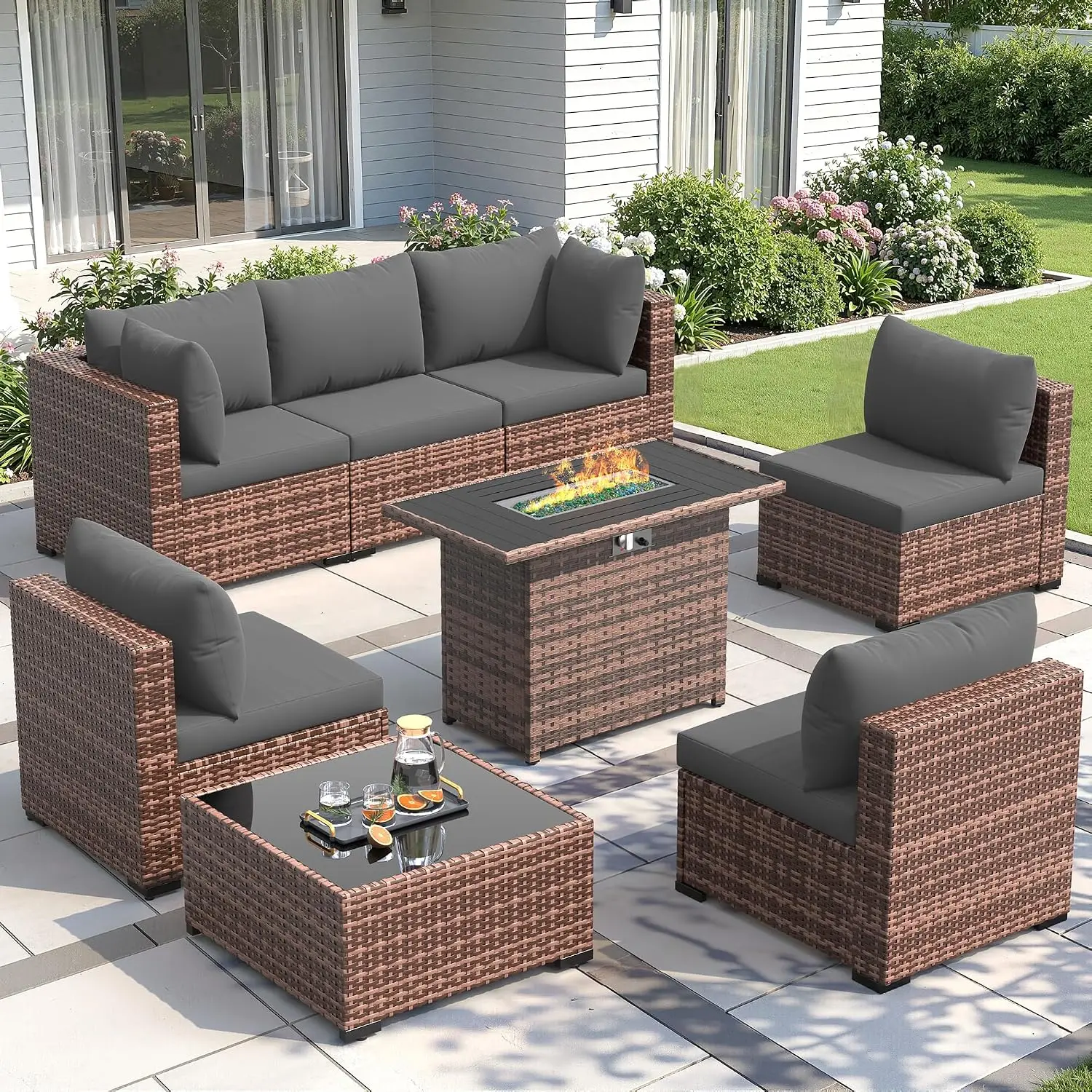 8 Pieces Patio Furniture Set with Fire Pit Table, Dark Grey, Custom