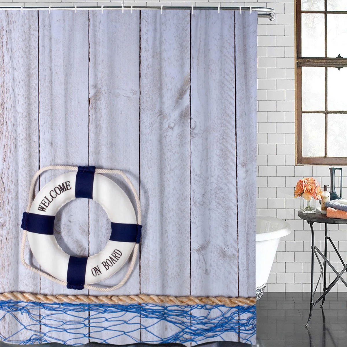 Retro Lifebuoy Fishing Net Plank Waterproof Bathroom Decoration Shower Curtain With Hook Bathtub Curtains Bathroom Accessories