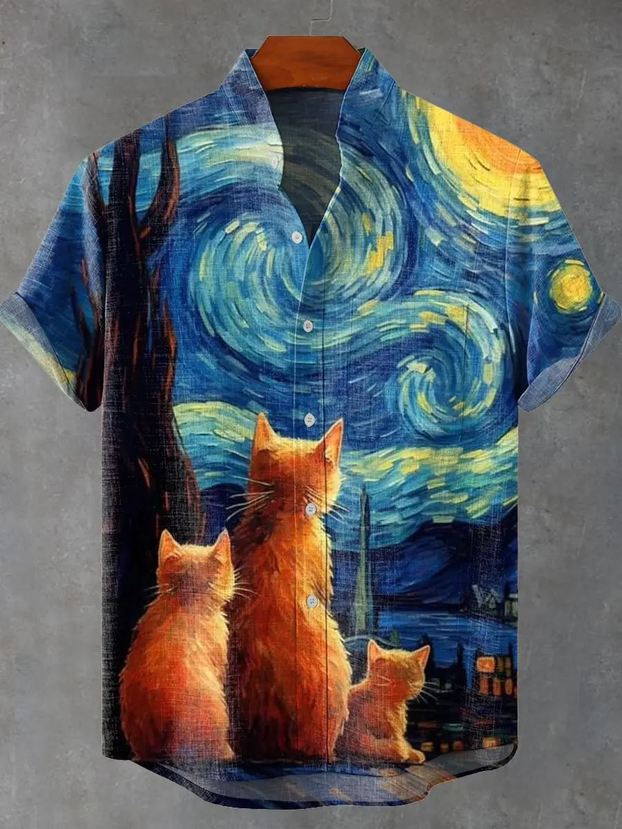 

2025 summer new linen short sleeved button up shirt for men, loose casual linen shirt, high-end printed 3D cat picture