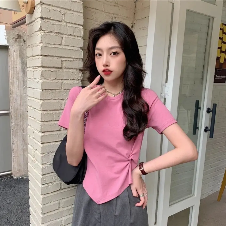 

Summer ort Sve T-irt Women's Design Sensation f Sve High Waist ort Length Top Korean Sle round Ne