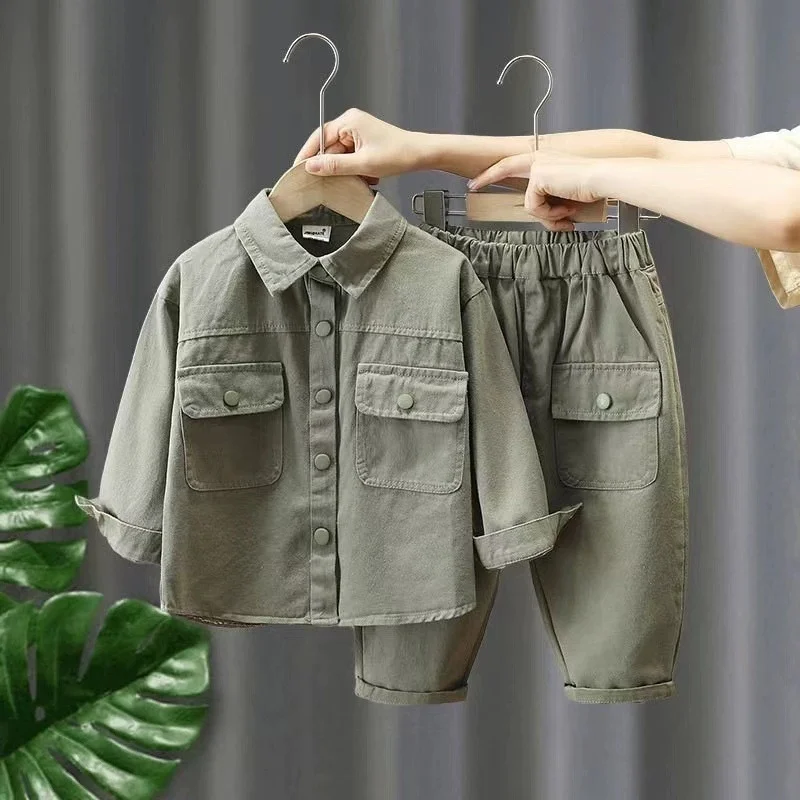 Boys' Shirt + Pants Spring/Fall Workwear Lapel Set 2026 New Collection Kids' Clothing for Ages 2-8 Children's Gift