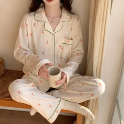 French Elegant Sweet Kawaii Romantic Women's Pajamas Cartoon Print Wrinkled Cloth Y2k Sleepwear 2024 New Fall Fashion Nightwear