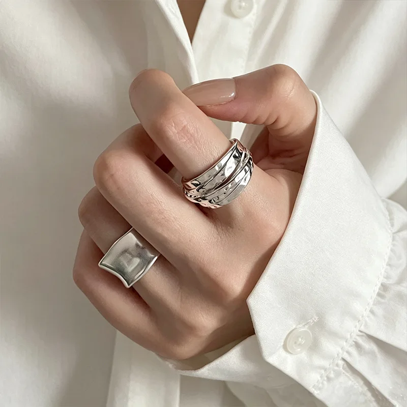 Ring Matte Wide Band Irregular Wrap Open Adjustable Index Finger Silver Tone Alloy Premium Unique Minimalist Jewelry for Women