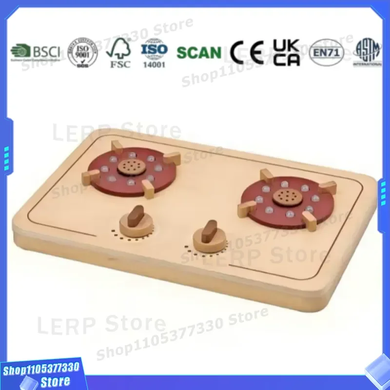 Kids Wooden Gas Stove Toy Set with Simulated Flame Light and Sound Effects Seafood Cooker Pretend Play Kitchen Accessories