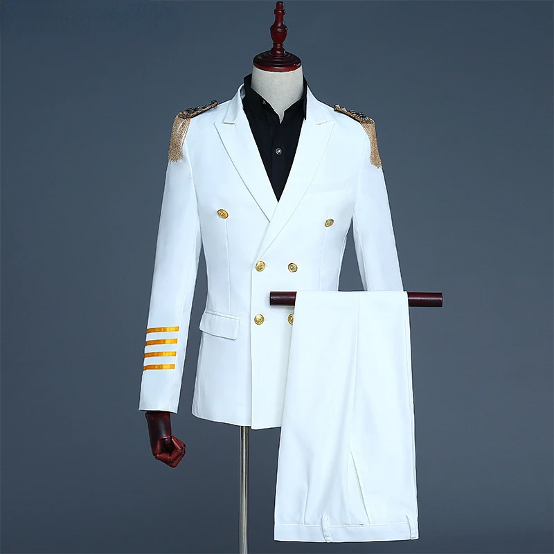 White Double Breasted Tassel Epaulet 2 Piece Suit Men 2022 New Mens Party Prom Captain Show Military Style Suits Costume Homme