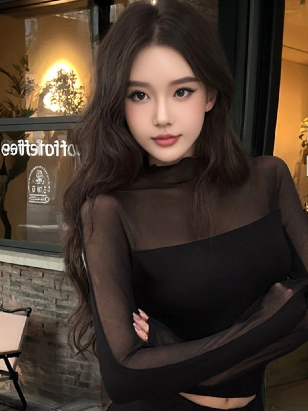 

French Style Long Sleeve T-Shirt Women's Autumn Winter Slimming Black Mesh See-through Splice Breathable Skin-friendly Casual...