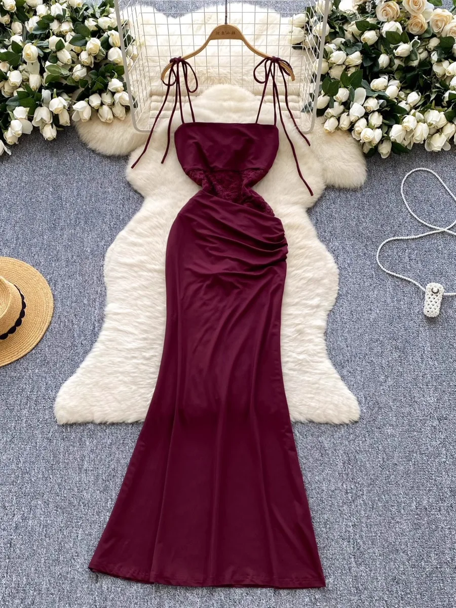 Foamlina 2025 Letnia Nowa Sukienka Bodycon Wieczorowa Damska Elegancka Bez Rękawów Koronkowa Wstawka Talia Obcisła Wino Czerwona Maxi Sukienka na Bal