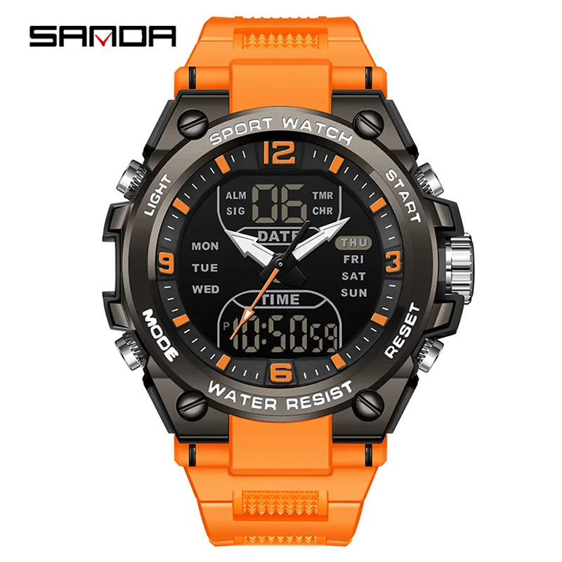 ساعة SANDA الرياضية الإلكترونية للرجال في الهواء الطلق مقاومة للماء وإضاءة ليلية وعرض مزدوج وتوقيت متعدد الوظائف وساعة إلكترونية للطلاب