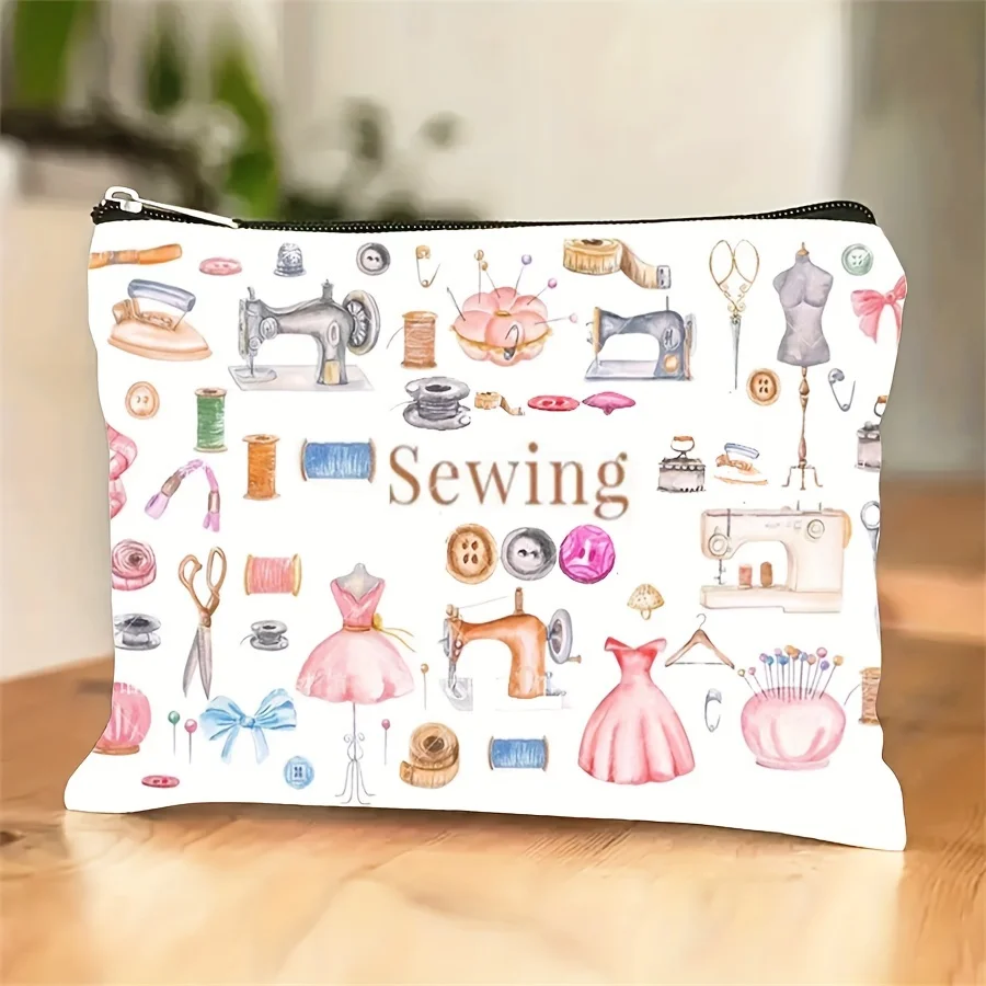 

Women's Sewing-Themed Toiletry Bag Cute Sewing Machine Fabric Print Makeup Pouch With Sewing Accessories Zippers pouch for women