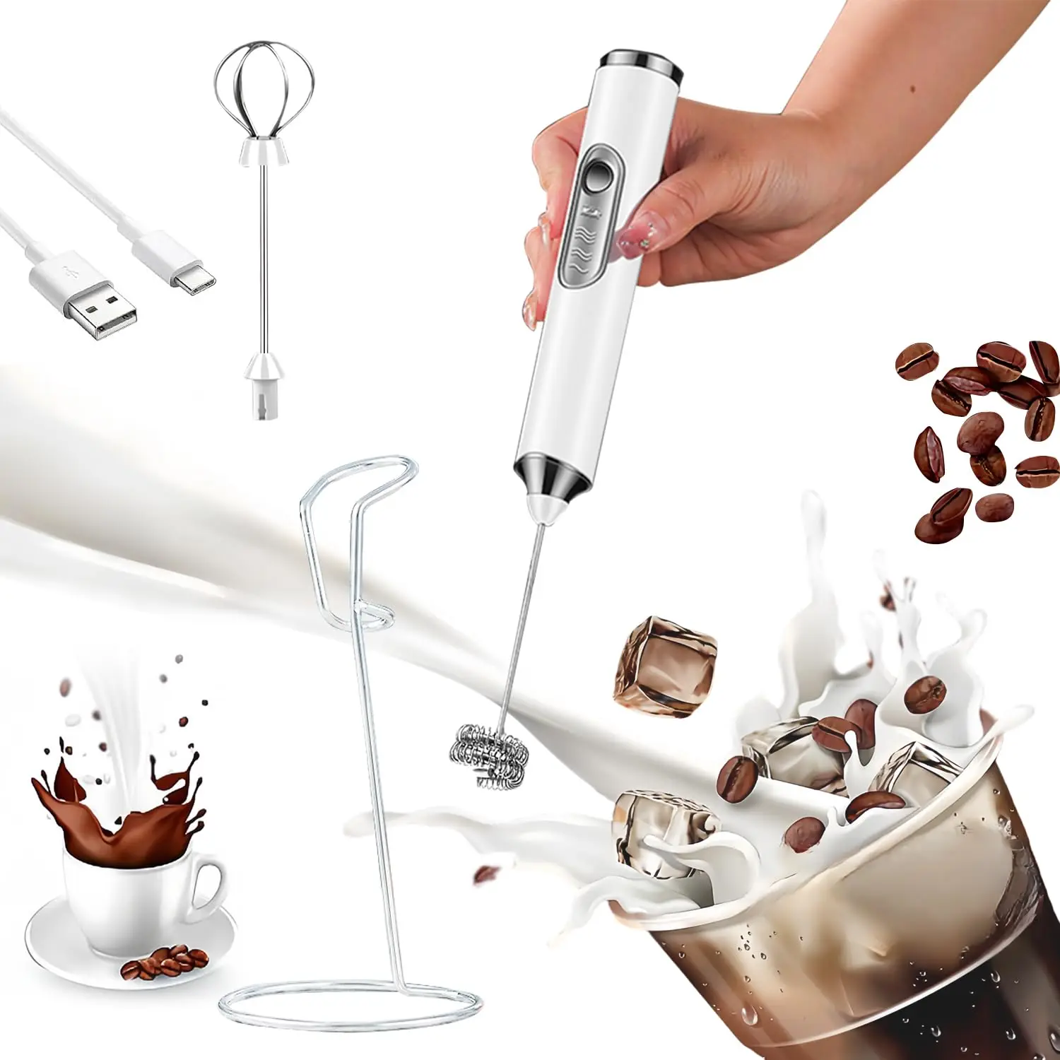 Rechargeable Milk coffee Frother Handheld Electric Whisk Coffee Mixer with Stand Detachable for Latte Cappuccino Matcha Egg