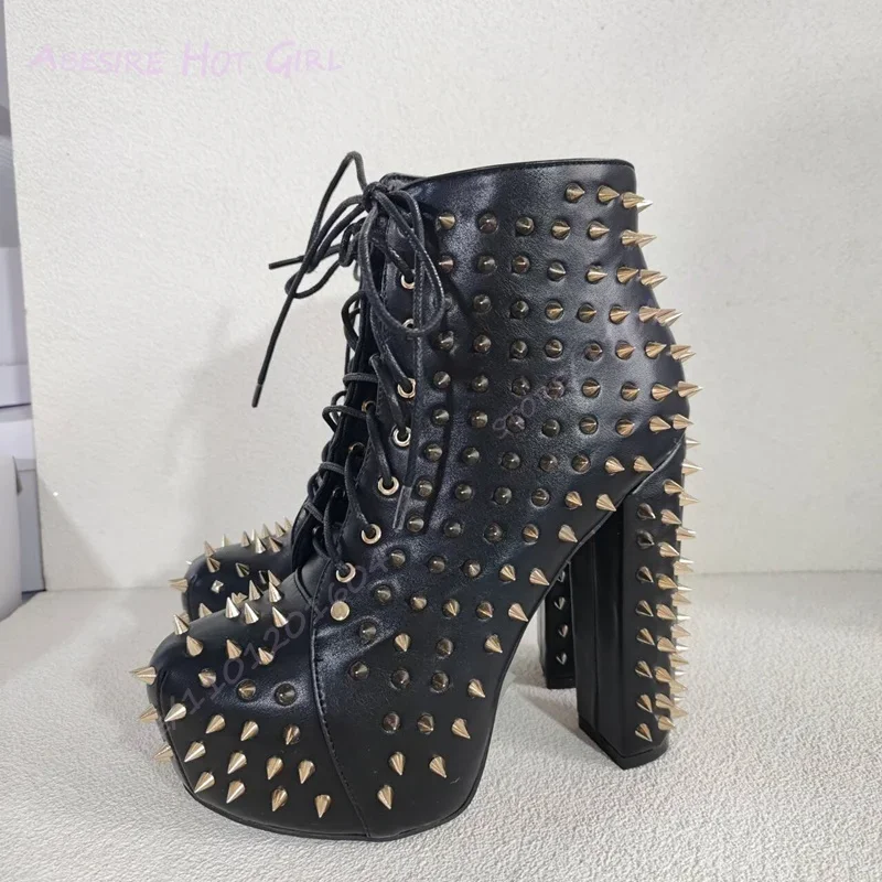 Full Gold Small Rivet Ankle Booties Black Matte Leather Round Pink Block Heel Metal Design Low Platform Boots Summer Girls Shoes
