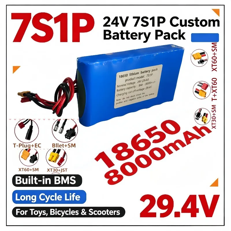 Built-in BMS 24V 8000mAh 18650 Lithium Pack,7S1P 29.4V, Rechargeable Custom for Scooters Bicycles Toys