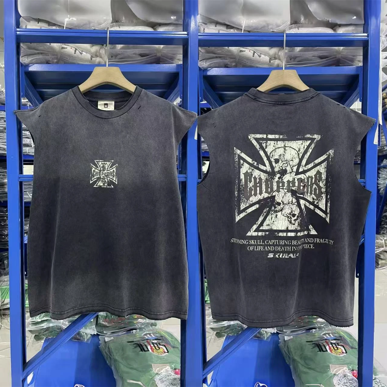 

Washed West Coast Choppers Sleeve Cut Sleeveless Skeleton Cross Print T-Shirt Men Women High Quality Top T Shirt Tee