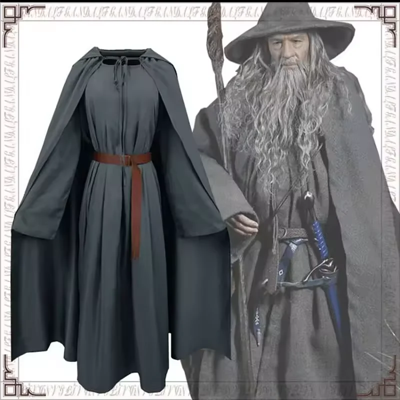 Anime Gandalf Wizard Cosplay Kostüm Hobbit Langer grauer Umhang Overall mit Hutgürtel Halloween Kostüm für Herren