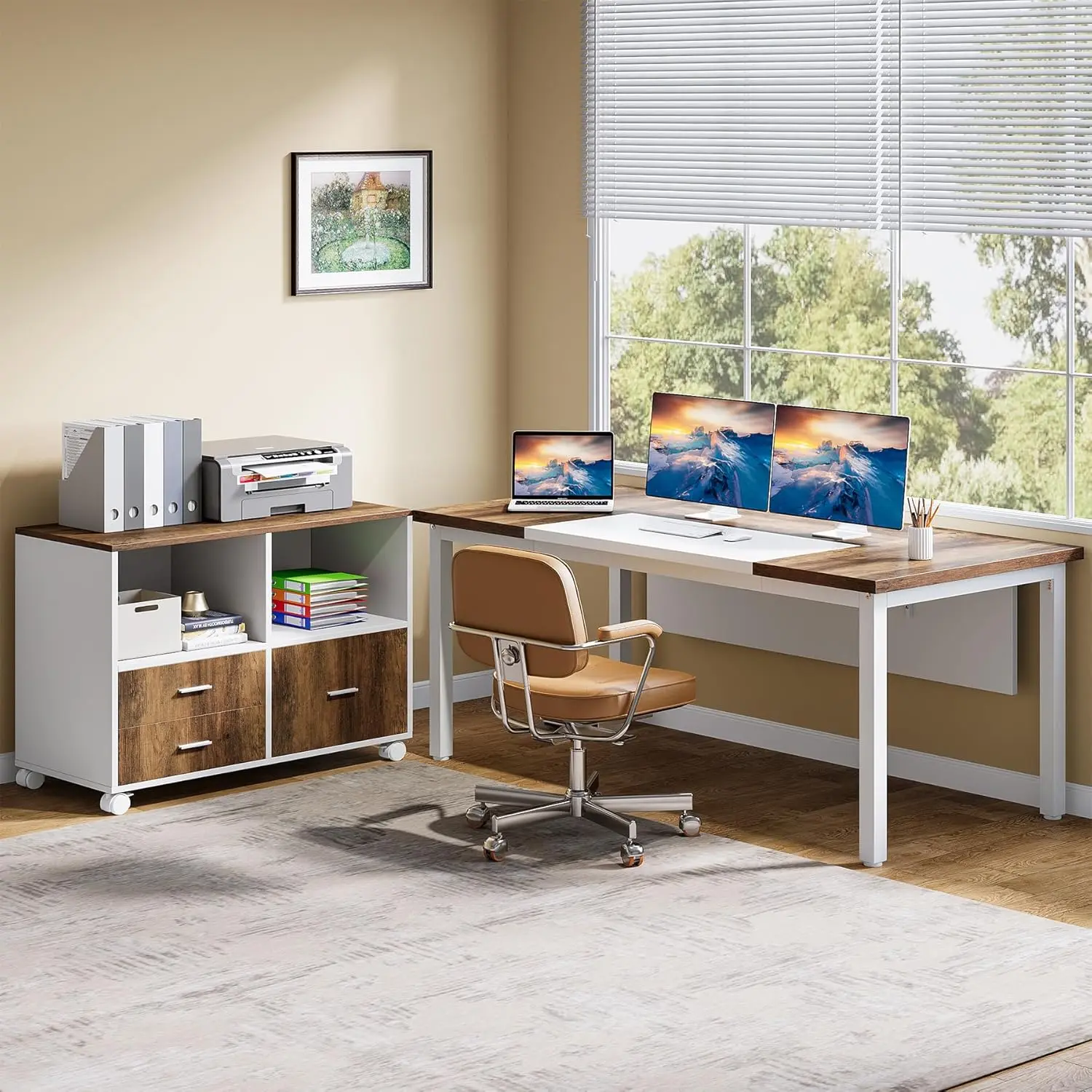 Office Desk with Cabient,63 inches L Shaped Computer Desk with Drawers and Mobile File Cabinet, Executive Desk for Home Office F